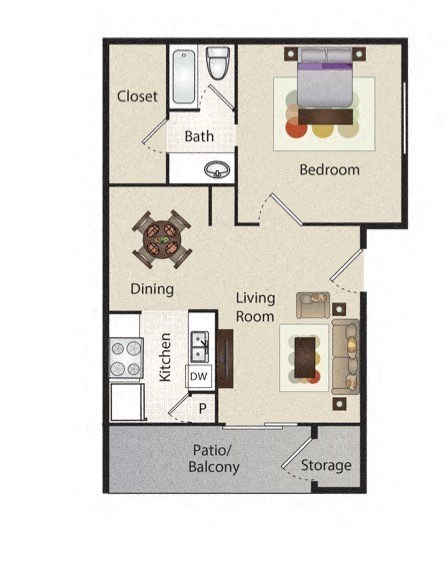 Floor plan for 1 bed, 1 bath, 672 sqft